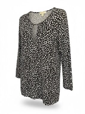Michael Kors Black & White Leaf Print Long Sleeve Keyhole Elastic Waistband Top